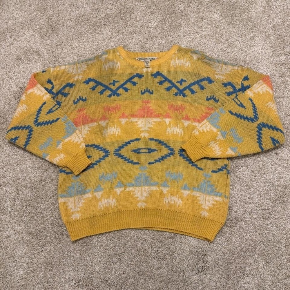80s Joan Harper Sweater |‎ Yellow Aztec Geometric Pattern | Large
